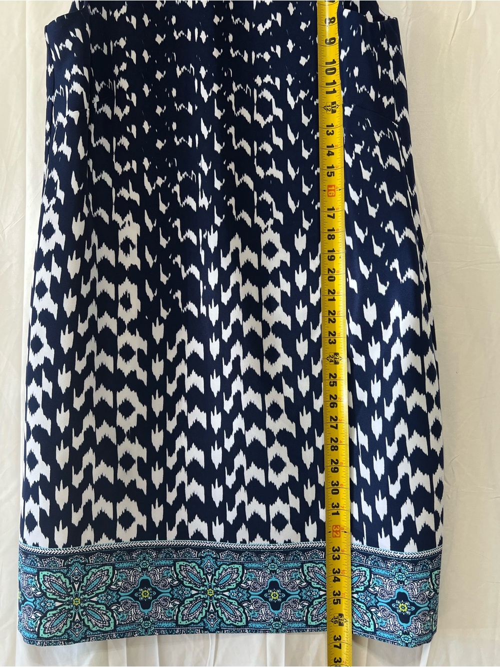 Navy and White Patterned Women’s Dress with Border Trim - Picture 9 of 10
